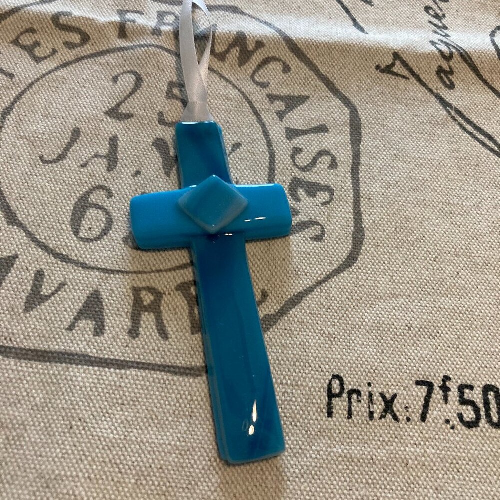 Hanging Glass 4" Cross Blue